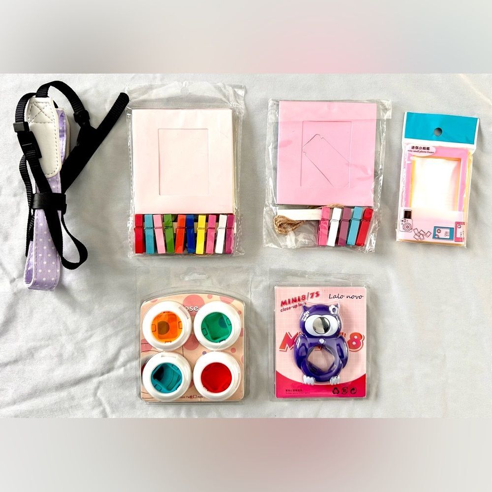 Instax Mini 7s/8 Accessory Lot – Lenses, Frames, Straps, Clips & Photo Holders